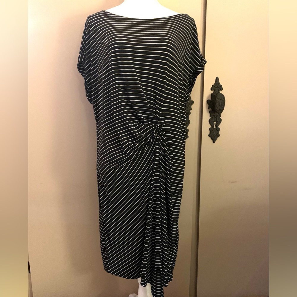 Kenneth Cole Black and White Striped Knot-Front Midi Dress